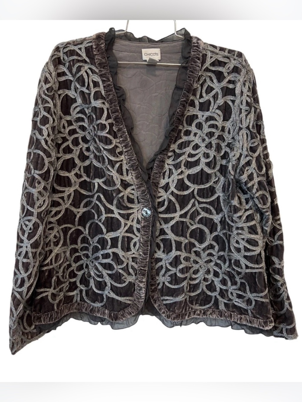Chico’s Blazer Size 1 (8) Keeley Silver Gray Ribbon Velvet Jacket Ruffle Hem